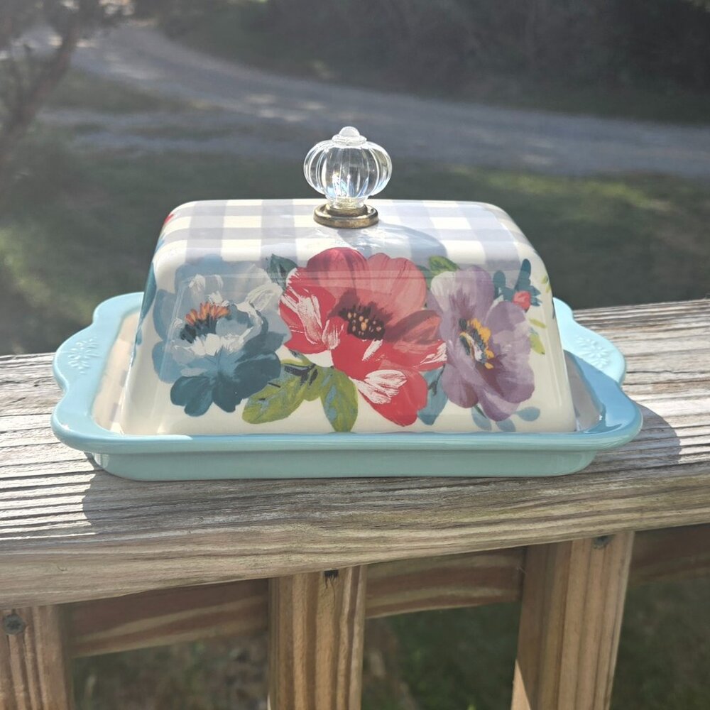 Butter Dish, The Pioneer Woman Sweet Romance Ceramic Double Stick Blue Butter